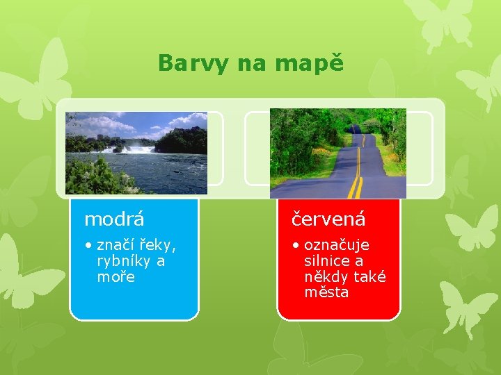 Barvy na mapě modrá červená • značí řeky, rybníky a moře • označuje silnice