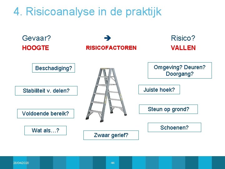 4. Risicoanalyse in de praktijk Gevaar? HOOGTE RISICOFACTOREN Juiste hoek? Stabiliteit v. delen? Steun