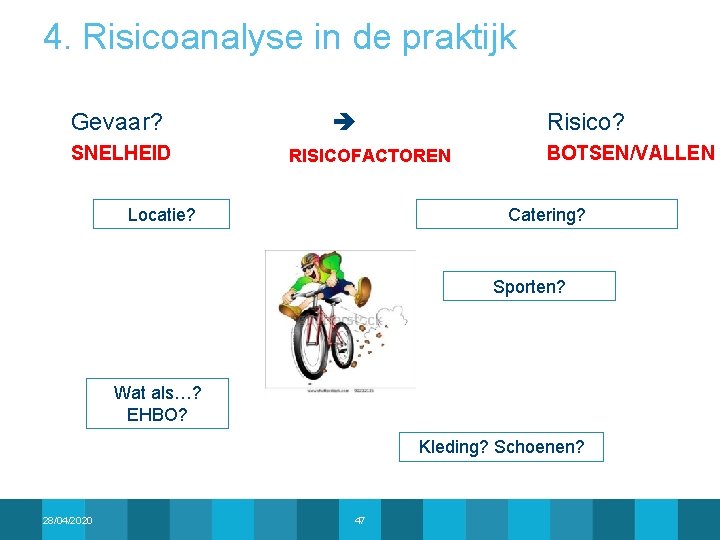 4. Risicoanalyse in de praktijk Gevaar? SNELHEID Risico? RISICOFACTOREN Locatie? BOTSEN/VALLEN Catering? Sporten? Wat