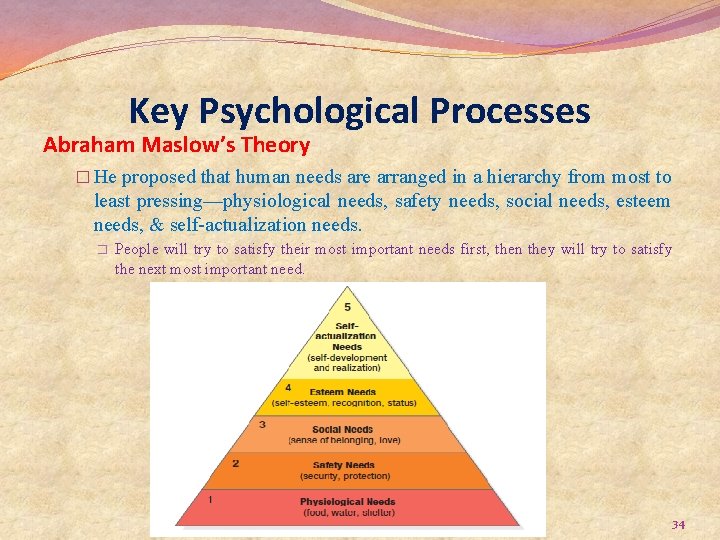 Key Psychological Processes Abraham Maslow’s Theory � He proposed that human needs are arranged