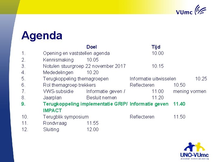 Agenda 1. 2. 3. 4. 5. 6. 7. 8. 9. 10. 11. 12. Doel