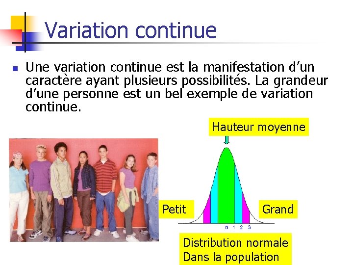 Variation continue n Une variation continue est la manifestation d’un caractère ayant plusieurs possibilités.