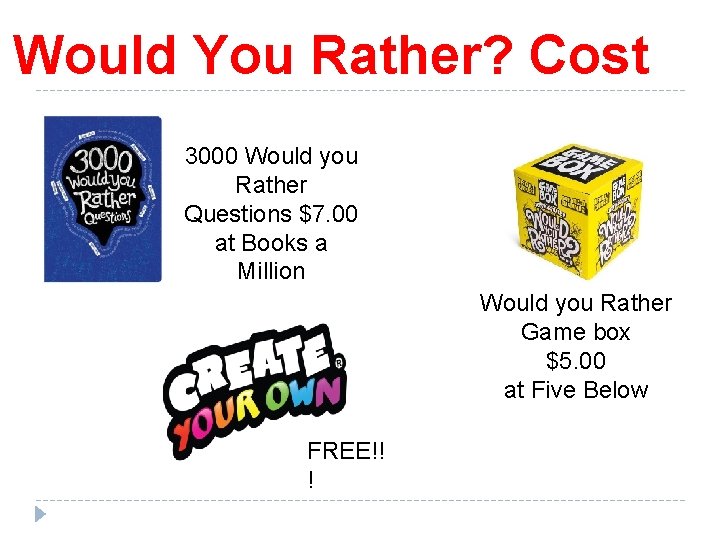 Would You Rather? Cost 3000 Would you Rather Questions $7. 00 at Books a
