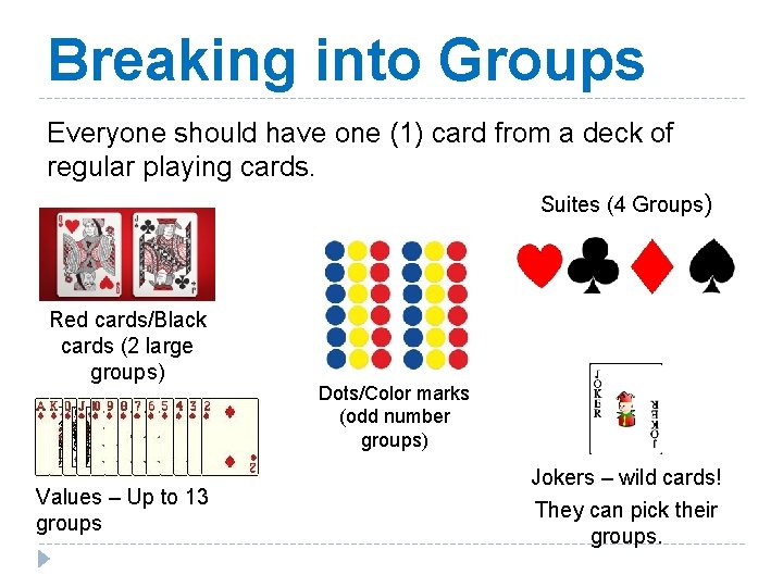 Breaking into Groups Everyone should have one (1) card from a deck of regular