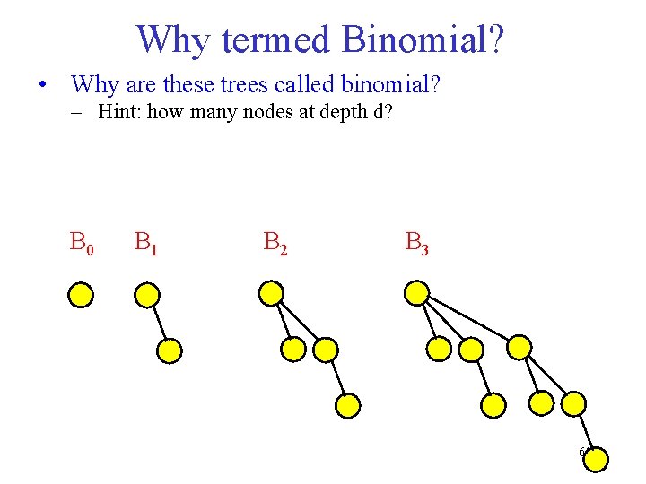 Why termed Binomial? • Why are these trees called binomial? – Hint: how many