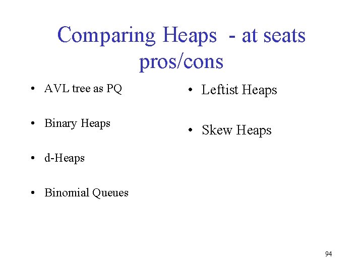 Comparing Heaps - at seats pros/cons • AVL tree as PQ • Leftist Heaps