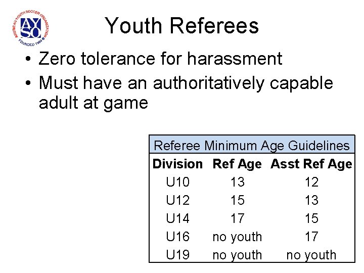 Youth Referees • Zero tolerance for harassment • Must have an authoritatively capable adult