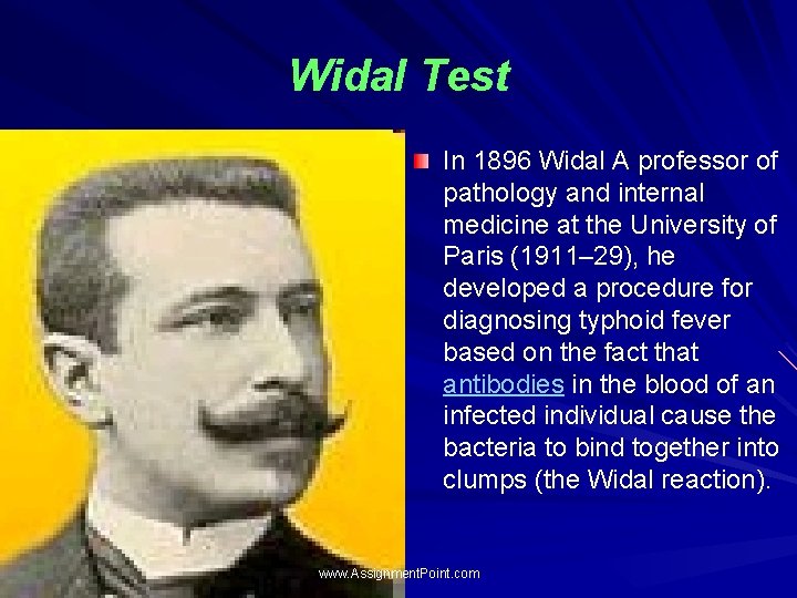 Widal Test In 1896 Widal A professor of pathology and internal medicine at the