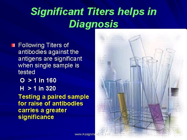 Significant Titers helps in Diagnosis Following Titers of antibodies against the antigens are significant