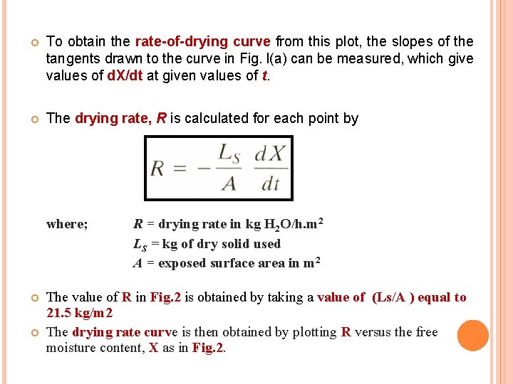  To obtain the rate-of-drying curve from this plot, the slopes of the tangents