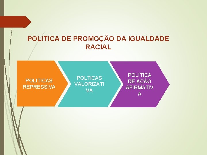 POLITICA DE PROMOÇÃO DA IGUALDADE RACIAL POLITICAS REPRESSIVA POLTICAS VALORIZATI VA POLITICA DE AÇÃO