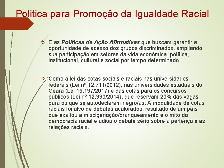 Politica para Promoção da Igualdade Racial E as Politicas de Ação Afirmativas que buscam