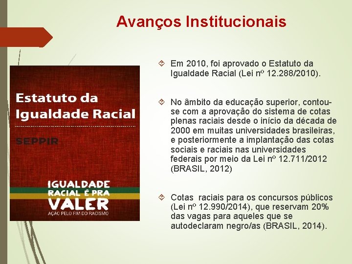 Avanços Institucionais Em 2010, foi aprovado o Estatuto da Igualdade Racial (Lei nº 12.