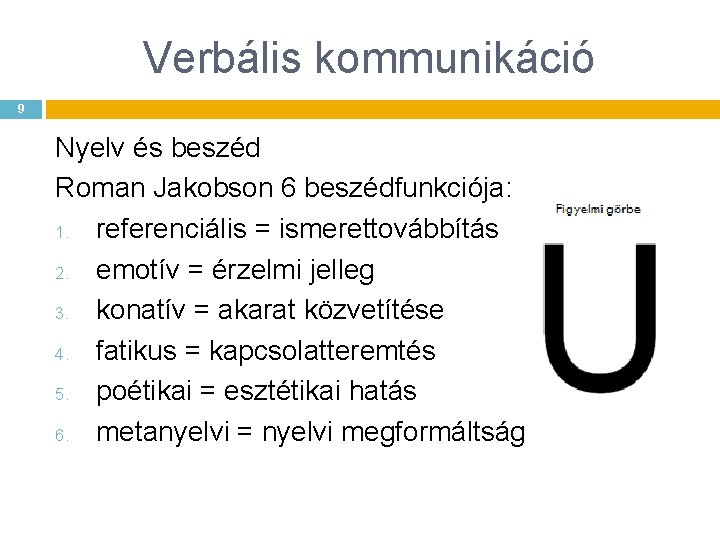 Verbális kommunikáció 9 Nyelv és beszéd Roman Jakobson 6 beszédfunkciója: 1. referenciális = ismerettovábbítás