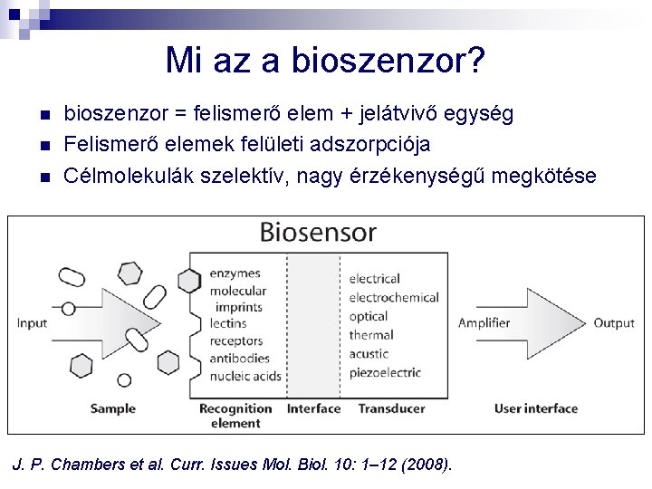 Mi az a bioszenzor? n n n bioszenzor = felismerő elem + jelátvivő egység