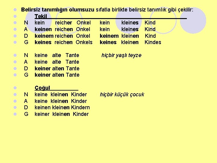 l Belirsiz tanımlığın olumsuzu sıfatla birlikte belirsiz tanımlık gibi çekilir: l Tekil l N