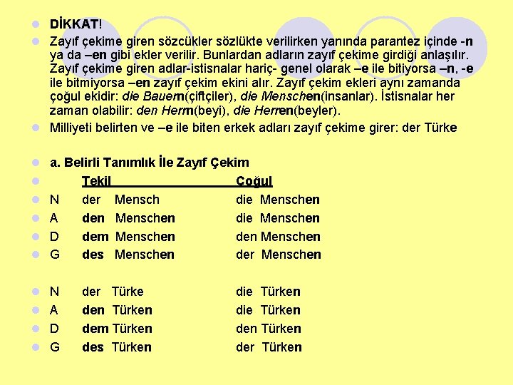 l DİKKAT! l Zayıf çekime giren sözcükler sözlükte verilirken yanında parantez içinde -n ya