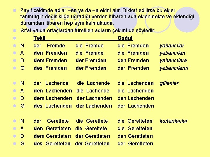 l Zayıf çekimde adlar –en ya da –n ekini alır. Dikkat edilirse bu ekler