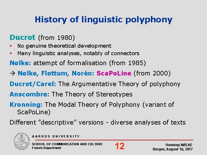 History of linguistic polyphony Ducrot (from 1980) § § No genuine theoretical development Many