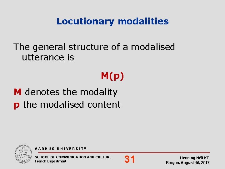 Locutionary modalities The general structure of a modalised utterance is M(p) M denotes the