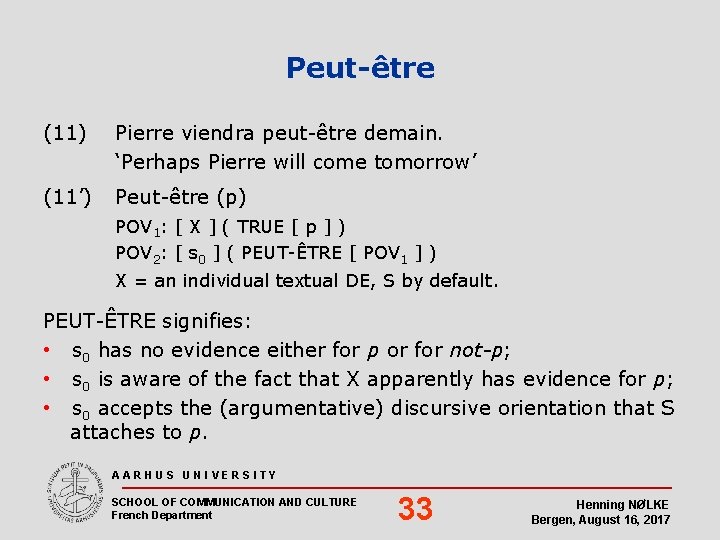 Peut-être (11) Pierre viendra peut-être demain. ‘Perhaps Pierre will come tomorrow’ (11’) Peut-être (p)