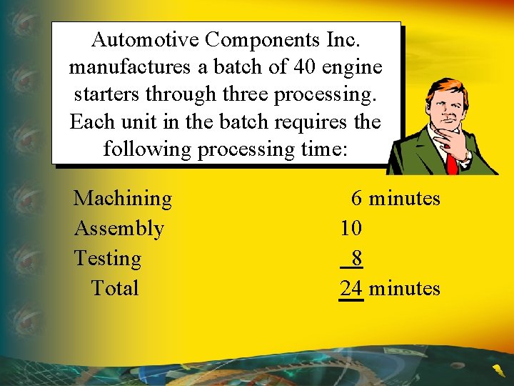 Automotive Components Inc. manufactures a batch of 40 engine starters through three processing. Each