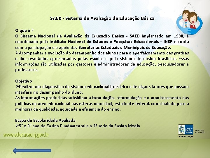 SAEB - Sistema de Avaliação da Educação Básica O que é ? O Sistema SAEB - Sistema de Avaliação da Educação Básica O que é ? O Sistema