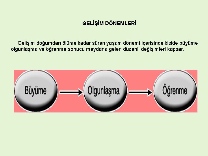 GELİŞİM DÖNEMLERİ Gelişim doğumdan ölüme kadar süren yaşam dönemi içerisinde kişide büyüme olgunlaşma ve