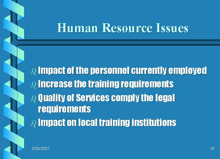 Human Resource Issues b Impact of the personnel currently employed b Increase the training