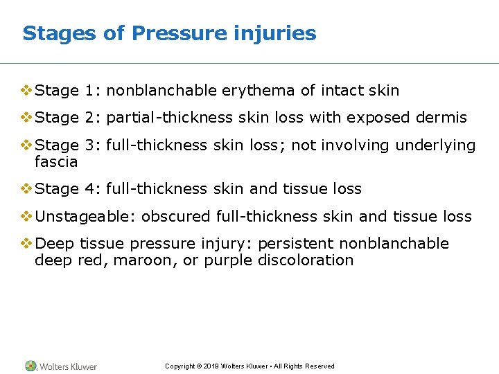 Stages of Pressure injuries v Stage 1: nonblanchable erythema of intact skin v Stage