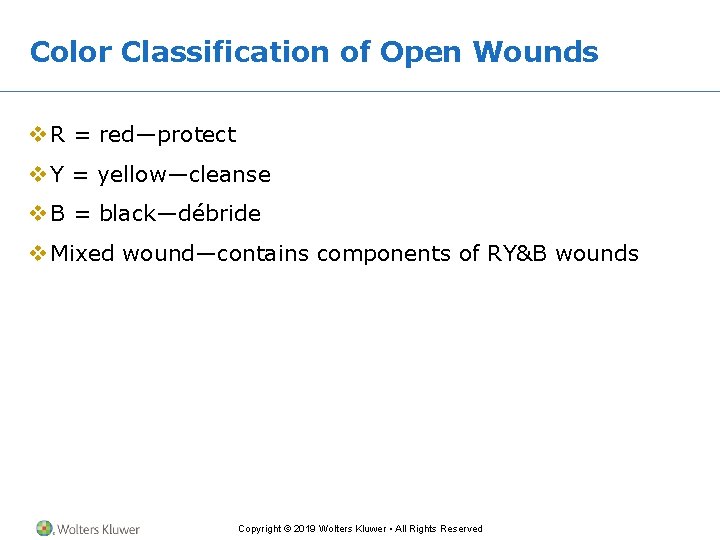 Color Classification of Open Wounds v R = red—protect v Y = yellow—cleanse v