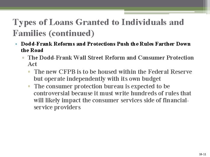 Types of Loans Granted to Individuals and Families (continued) • Dodd-Frank Reforms and Protections