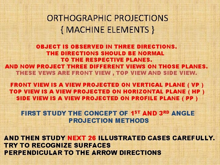 ORTHOGRAPHIC PROJECTIONS { MACHINE ELEMENTS } OBJECT IS OBSERVED IN THREE DIRECTIONS. THE DIRECTIONS