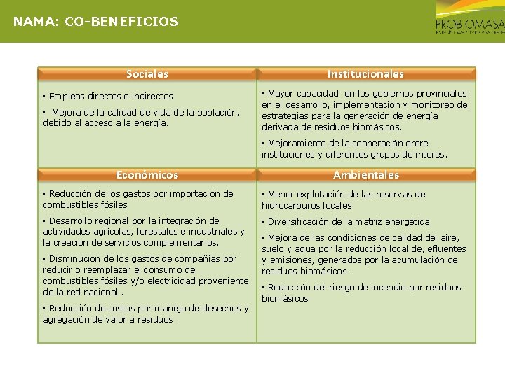 NAMA: CO-BENEFICIOS Sociales • Empleos directos e indirectos • Mejora de la calidad de