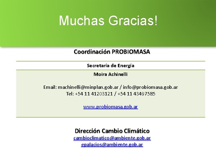 Muchas Gracias! Coordinación PROBIOMASA Secretaría de Energía Moira Achinelli Email: machinelli@minplan. gob. ar /