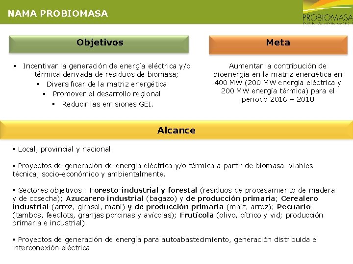 NAMA PROBIOMASA Objetivos Meta § Incentivar la generación de energía eléctrica y/o térmica derivada