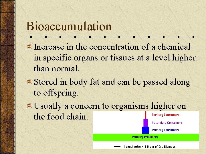 Bioaccumulation Increase in the concentration of a chemical in specific organs or tissues at