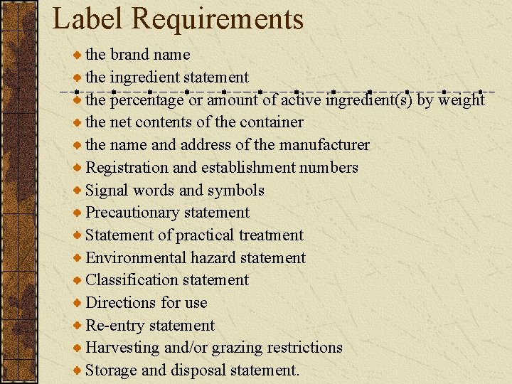 Label Requirements the brand name the ingredient statement the percentage or amount of active