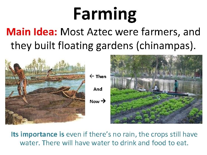 Farming Main Idea: Most Aztec were farmers, and they built floating gardens (chinampas). ß