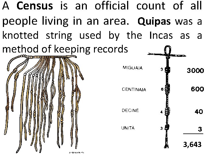 A Census is an official count of all people living in an area. Quipas