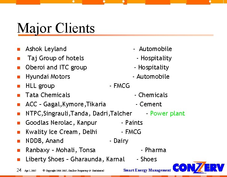 Major Clients 24 Ashok Leyland - Automobile Taj Group of hotels - Hospitality Oberoi Major Clients 24 Ashok Leyland - Automobile Taj Group of hotels - Hospitality Oberoi