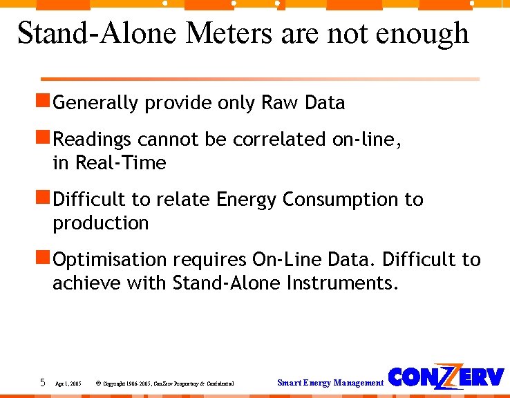 Stand-Alone Meters are not enough Generally provide only Raw Data Readings cannot be correlated Stand-Alone Meters are not enough Generally provide only Raw Data Readings cannot be correlated