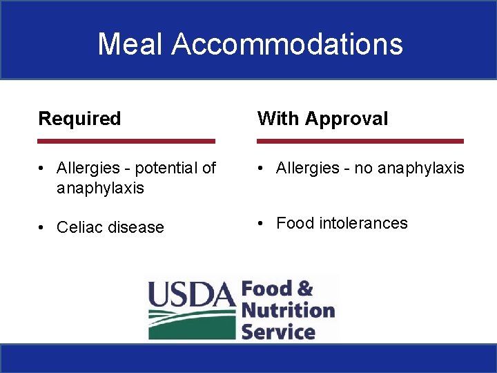 Meal Accommodations Required With Approval • Allergies - potential of anaphylaxis • Allergies -