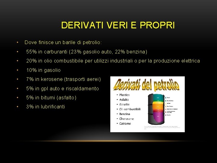 DERIVATI VERI E PROPRI • Dove finisce un barile di petrolio: • 55% in