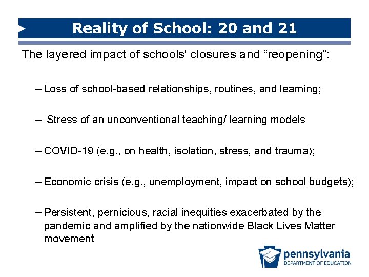 Reality of School: 20 and 21 The layered impact of schools' closures and “reopening”: