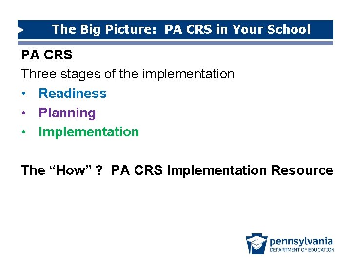 The Big Picture: PA CRS in Your School PA CRS Three stages of the