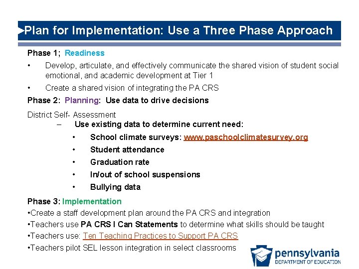 Plan for Implementation: Use a Three Phase Approach Phase 1; Readiness • Develop, articulate,