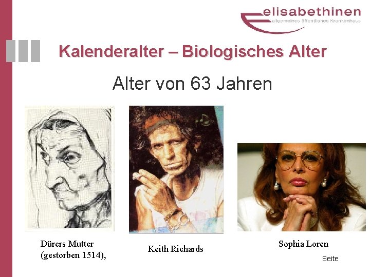Kalenderalter – Biologisches Alter Dürers Mutter (gestorben 1514), Alter von 63 Jahren Keith Richards
