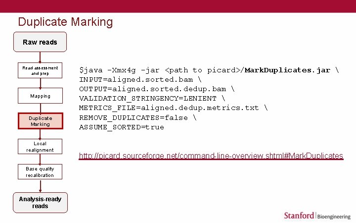 Duplicate Marking Raw reads Read assessment and prep Mapping Duplicate Marking Local realignment Base