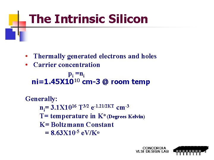 The Intrinsic Silicon • Thermally generated electrons and holes • Carrier concentration pi =ni